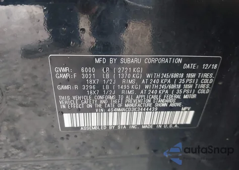 2019 Subaru Ascent Premium из США, поврежденный, VIN 4S4WMACD3K3444439